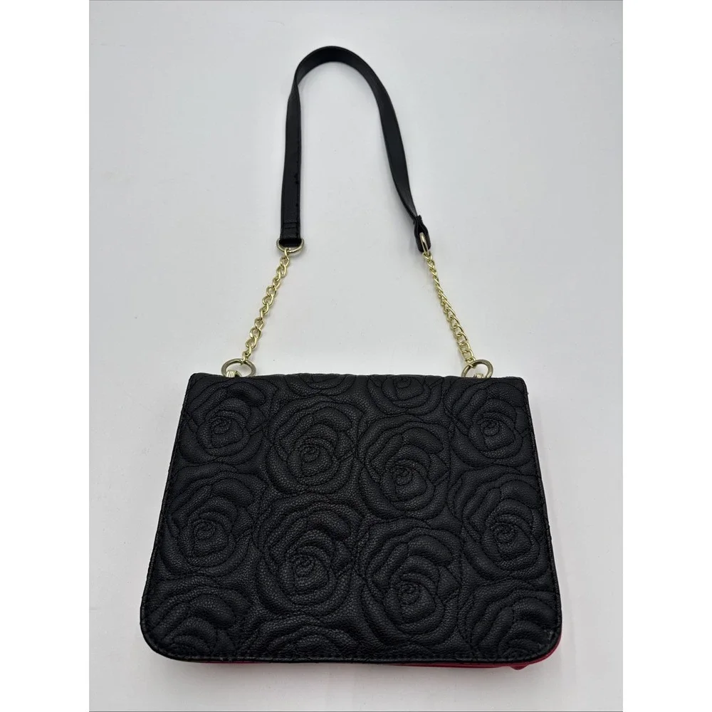 Betsey Johnson Black White Stripe Crossbody Bag Red Gold Chain Black Strap Roses